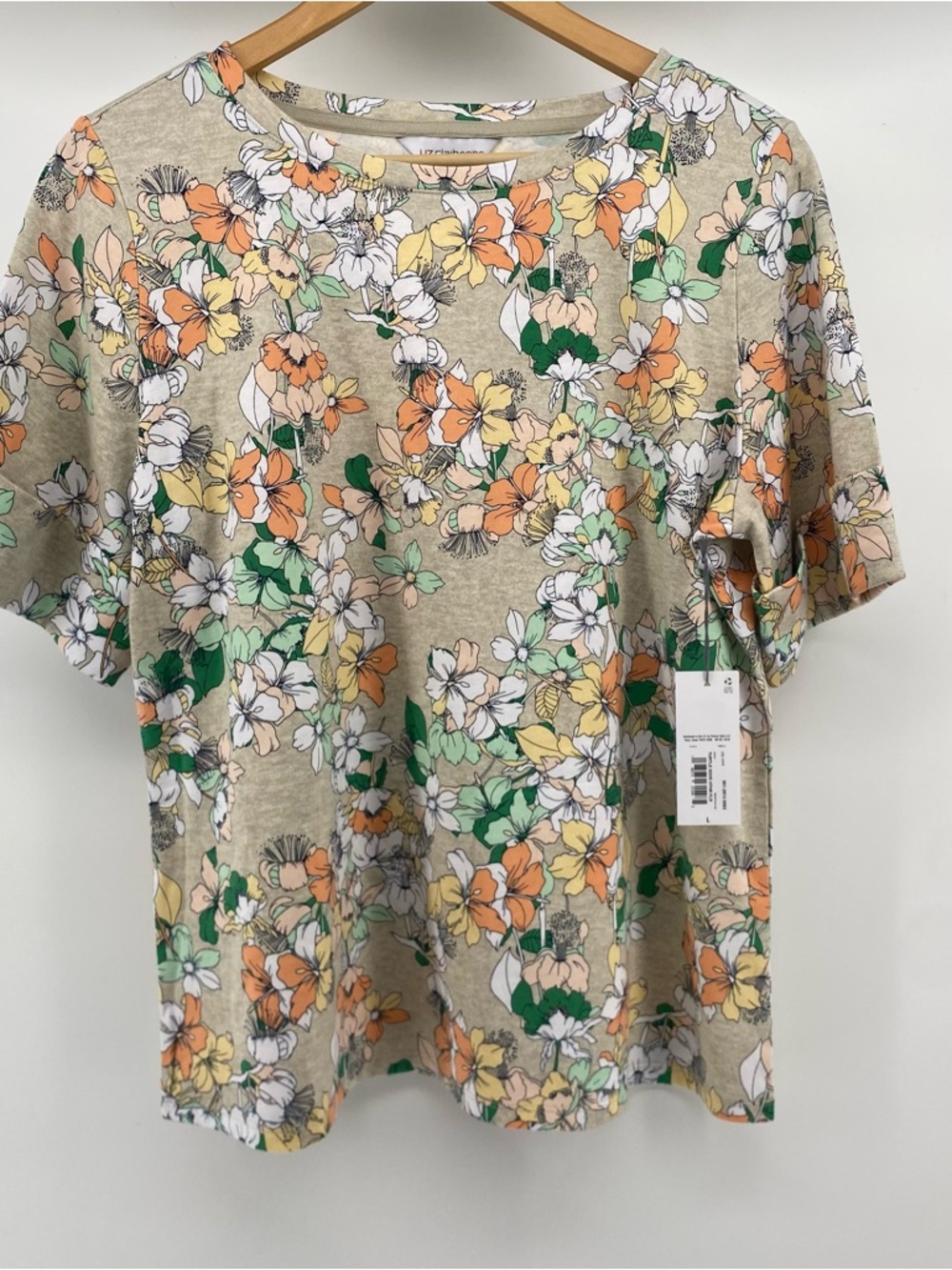 New Liz Claiborne Floral Crewneck Tee in Beige, Green & Orange feminine NWT